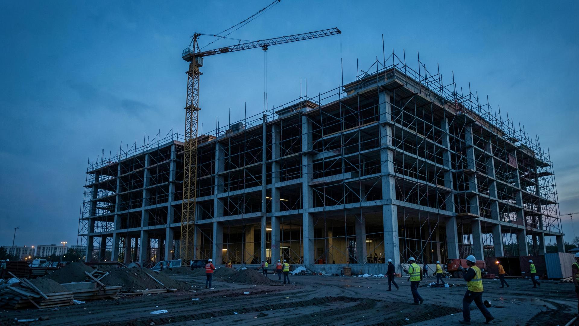 Edificio en construcción con grúa torre y personal de obra