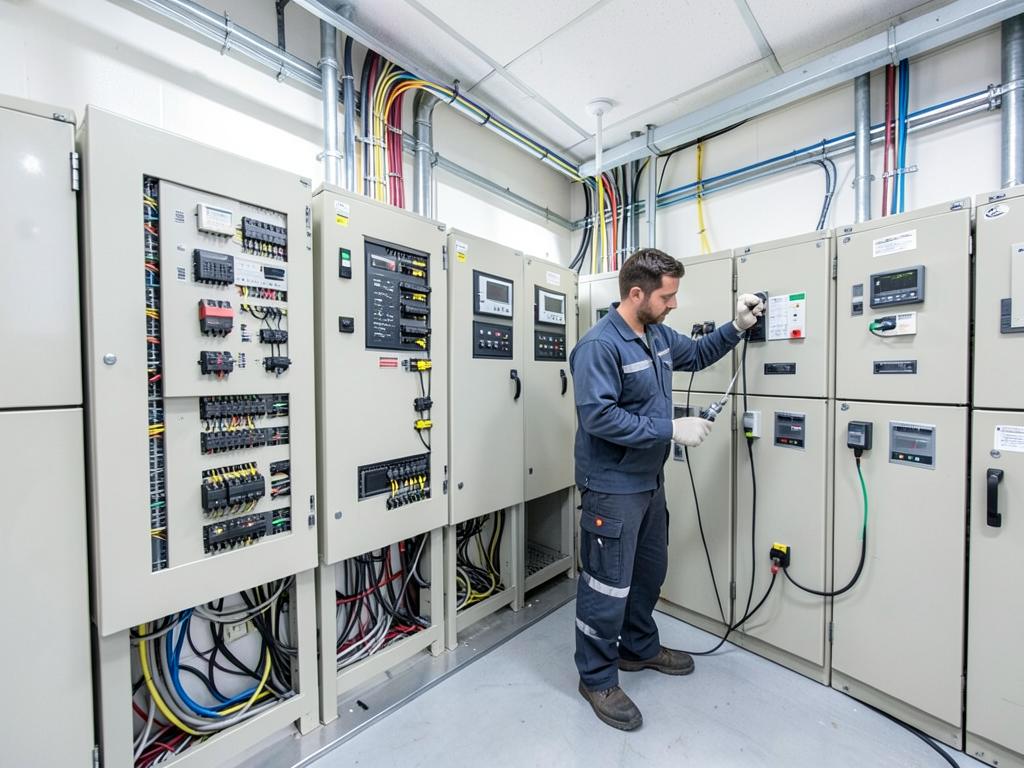 Sala de tableros eléctricos con técnico realizando pruebas